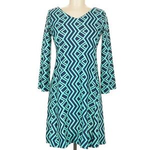 Jean G Dress M Teal Navy Geometric Bell Sleeve UPF 50 Preppy Coastal Mod‎ Resort